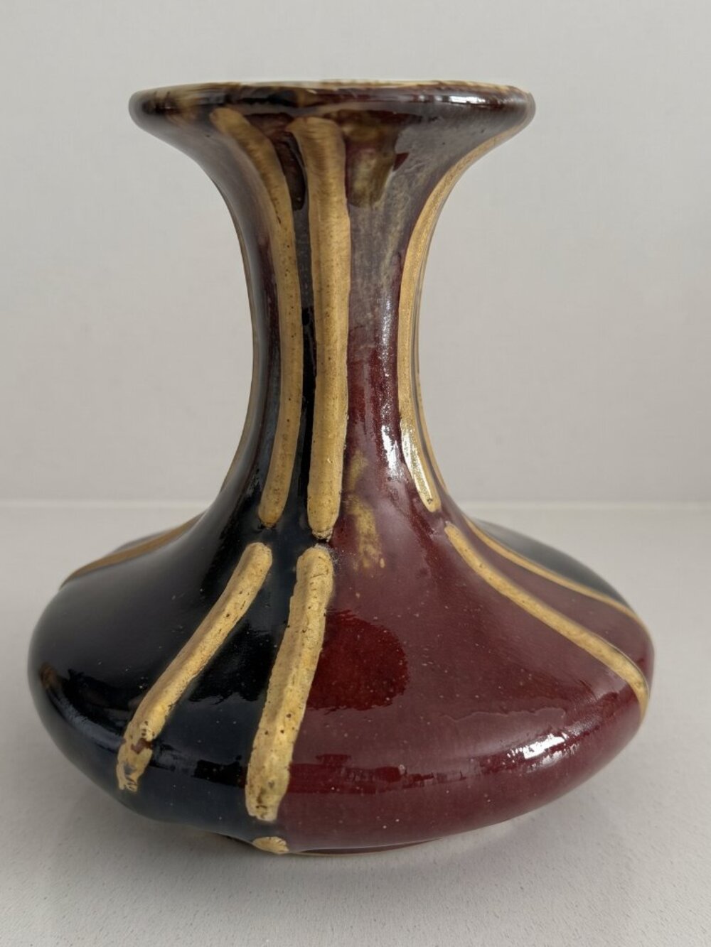 Vintage Art Deco Drip Glaze Vase Burgundy Brown Gold Ceramic Statement Decor